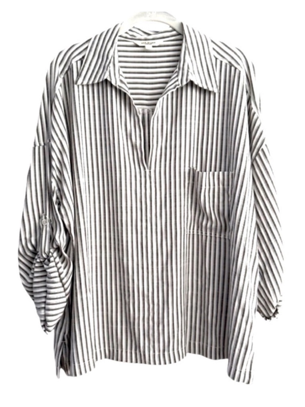 Max Studio Relaxed Fit Blouse Tab Sleeve Pocket Striped Black White Size XL
